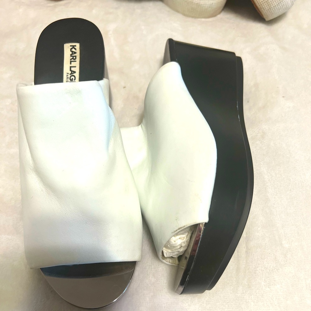 Karl Lagerfield white leather wedge with chrome‎ toe
